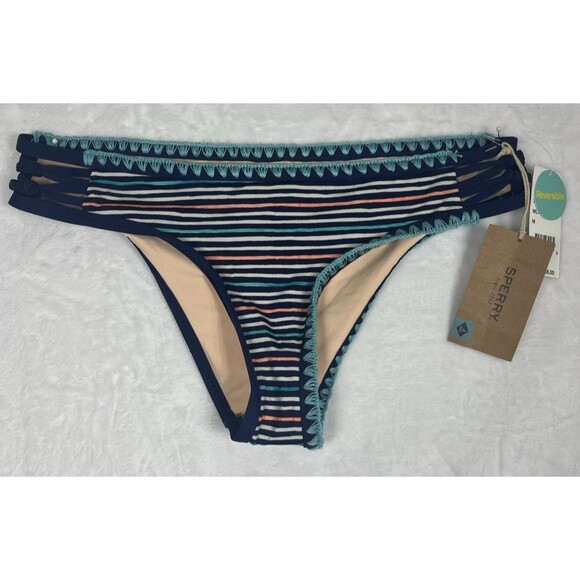 Sperry Reversible Swim Bottom Tan Blue Striped Size Medium NEW - Picture 1 of 6